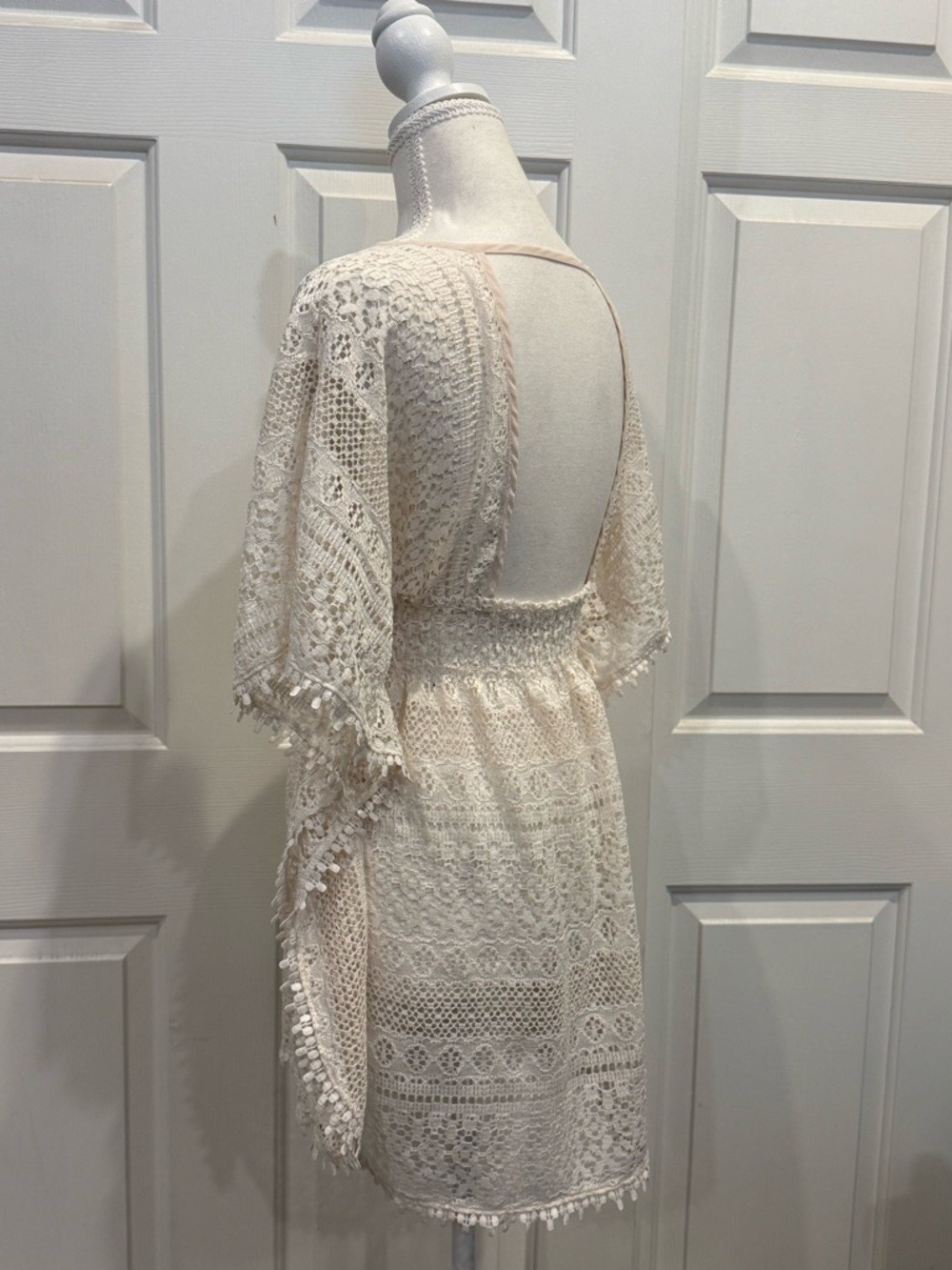 Cream Lace Boho Mini Dress / Swim Cover Open Back Festival Resort - Picture 4 of 7